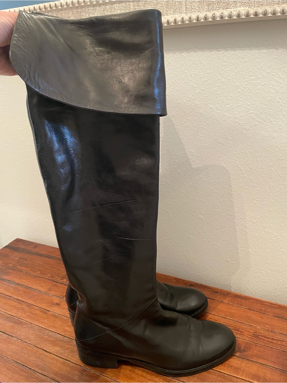 Lorenzo Masiero Black Leather Riding Boots Over-the-Knee Folded Cuff Boots